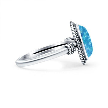 Petite Dainty Vintage Style Lab Created Blue Opal Ring Solid Oval Oxidized 925 Sterling Silver